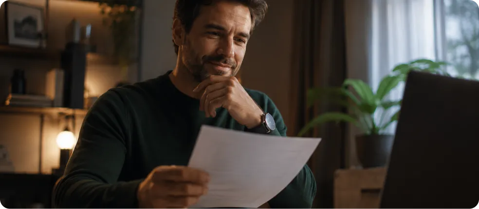 Empresário satisfeito lendo relatório financeiro